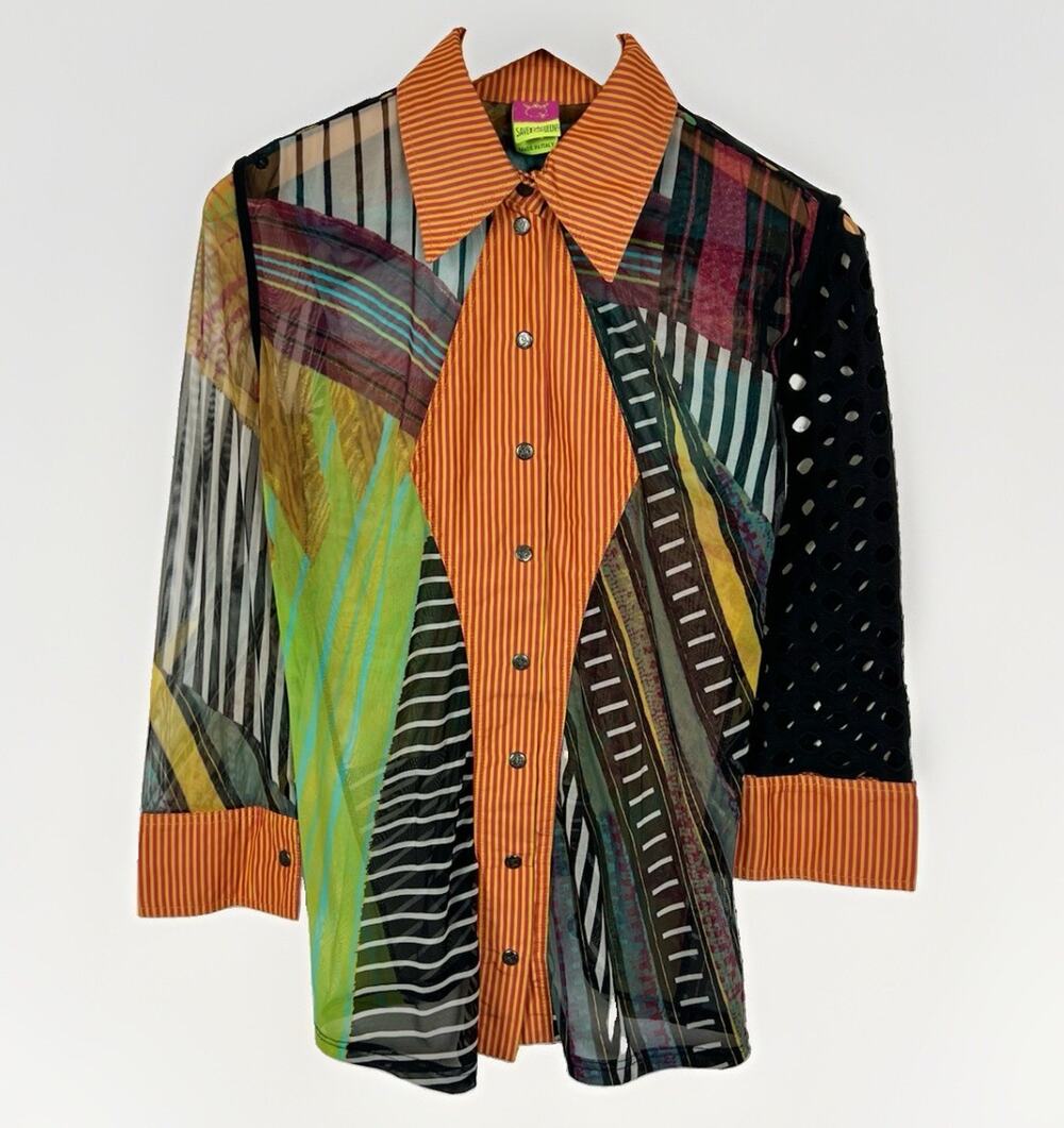 Save The Queen Y2K Sheer Mesh Blouse Women’s L Snap Button Shirt Abstract JPG